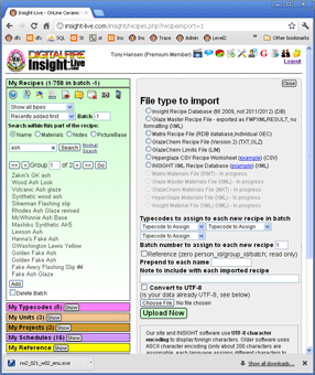 Ceramic glaze recipe import dialog supporting matrix, glazemaster, glazechem, hyperglaze